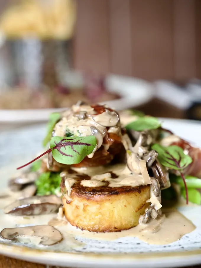 Fondant potato with wild mushrooms