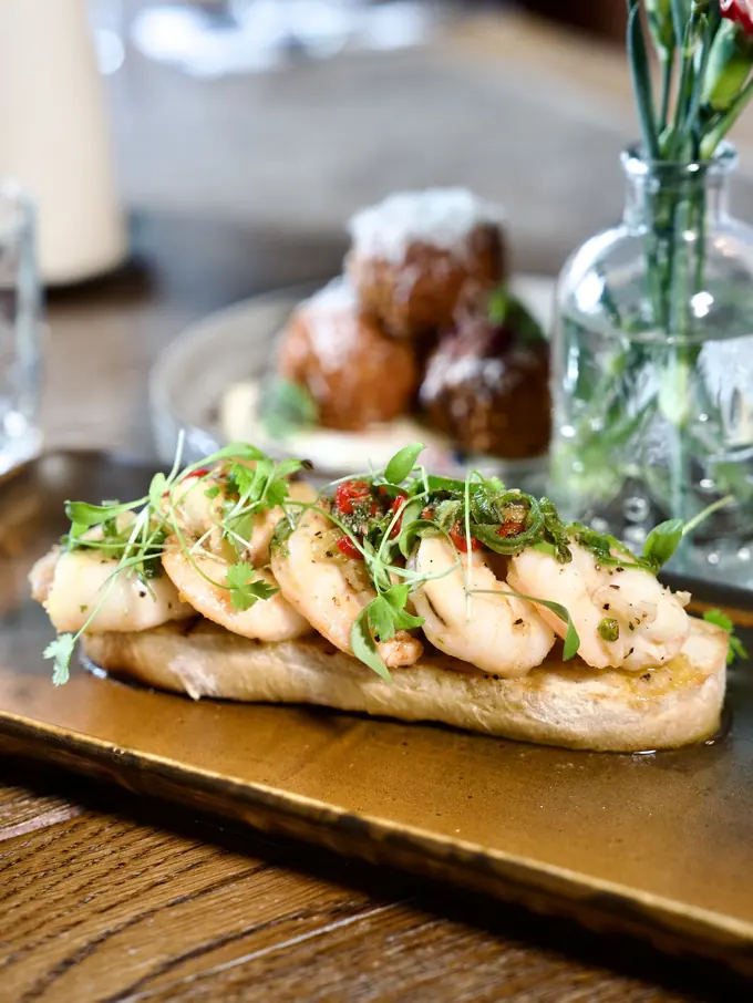 Sautéed tiger prawns on toasted ciabatta
